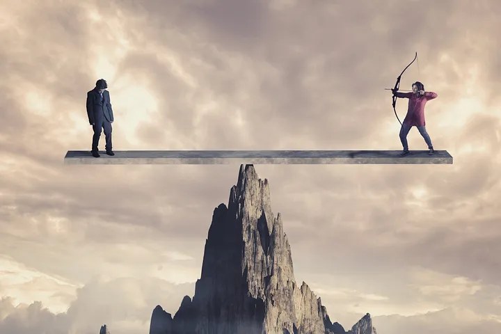 two man standing on a scale and the bottom is a mountain, one man in a suit and the other shooting a bow and arrow